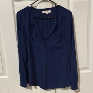 LOFT Blue Long Sleeve Notched Collar Blouse